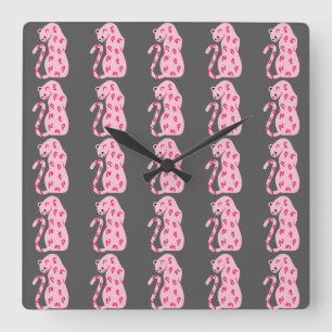 Pink Cat Pattern on Grey Background Square Wall Clock