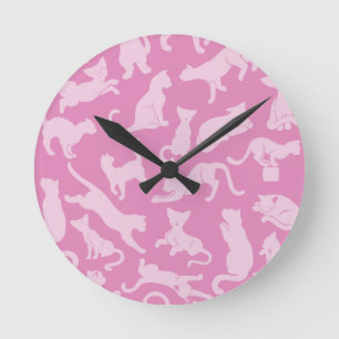 Pink Cat Pattern Round Clock