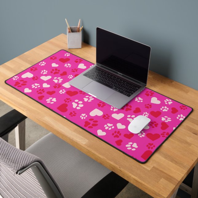 Pink Cat Paw Print & Heart Pattern Desk Mat (Office 2)