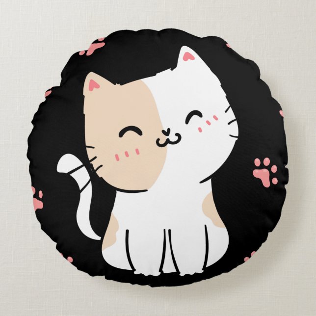 Pink Cat & Paws Black Throw Pillow (Front)