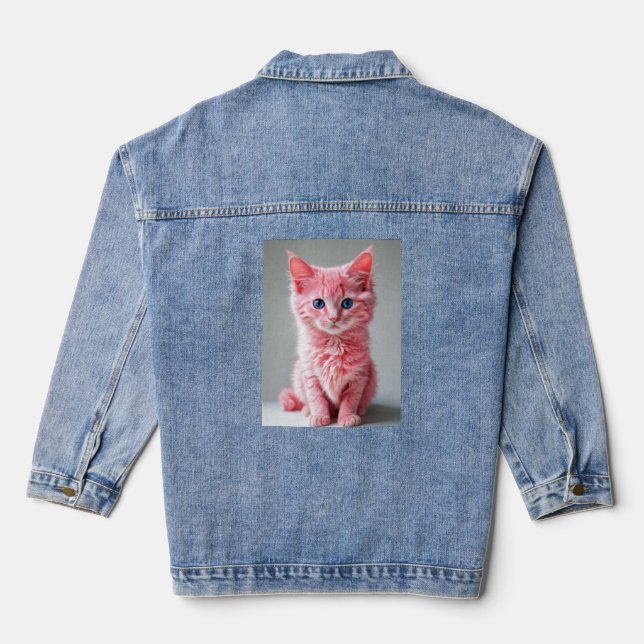 Pink Cat Photo Portrait Denim Jacket (Back)