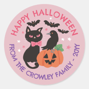 Pink Cat Pumpkin Raven Happy Halloween Classic Round Sticker