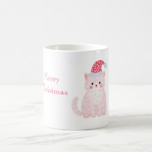 Pink Cat Red Christmas Hat Coffee Mug