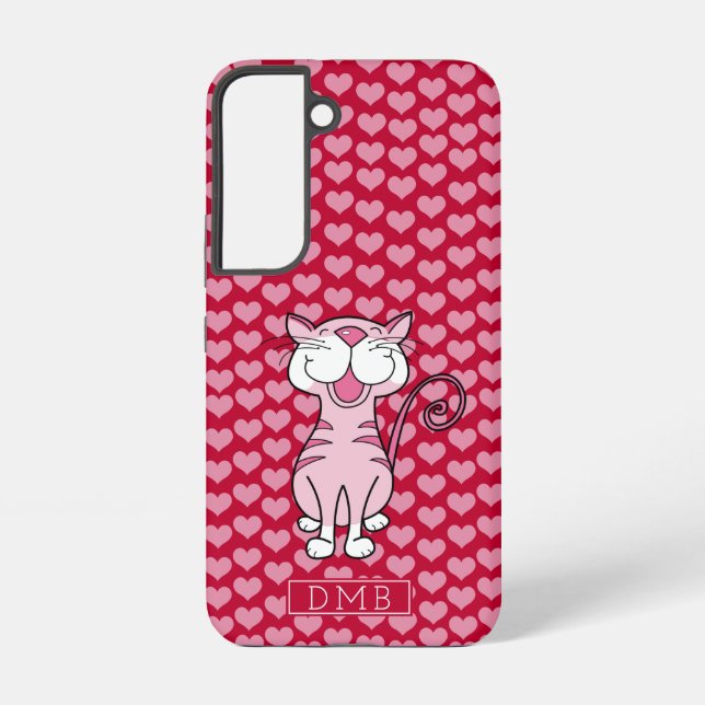  Pink Cat Red Hearts Pattern Monogram  Samsung Galaxy S22 Case (Back)