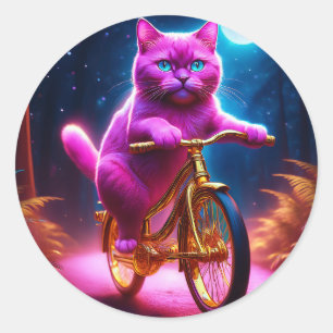 Pink Cat Riding On Golden Bicycle Classic Round Sticker