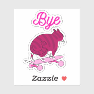 Pink Cat Skating With Bye Text 