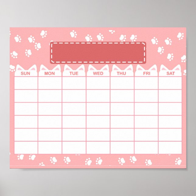 Pink Cat Theme Blank Monthly Calendar Poster (Front)