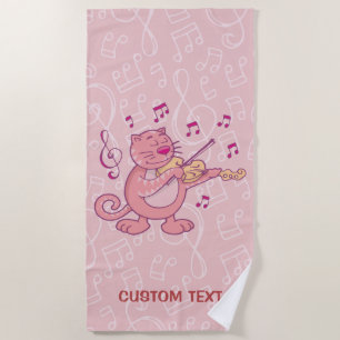 Pink Cat with Violin Beach Towel