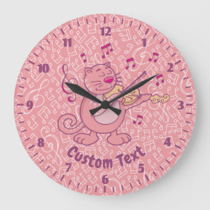 Pink Cat with Violin Large Clock