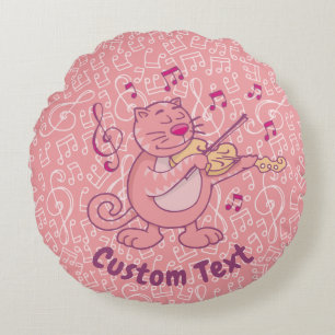 Pink Cat with Violin Round Pillow