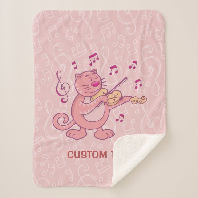 Pink Cat with Violin Sherpa Blanket (Front)