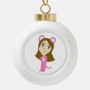 pink catgirl ceramic ball christmas ornament