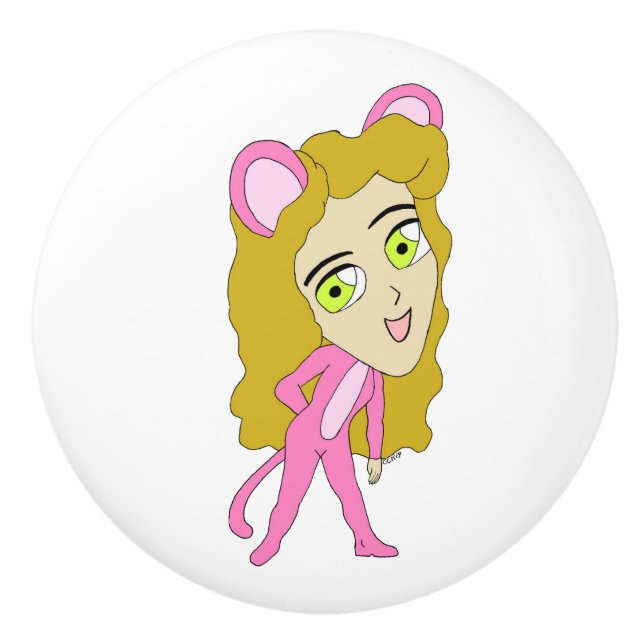 pink catgirl    ceramic knob (Front)