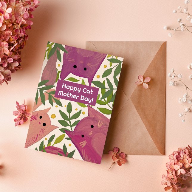 Pink Cats and branches Happy cat mother's day Holiday Card (Creator Uploaded)