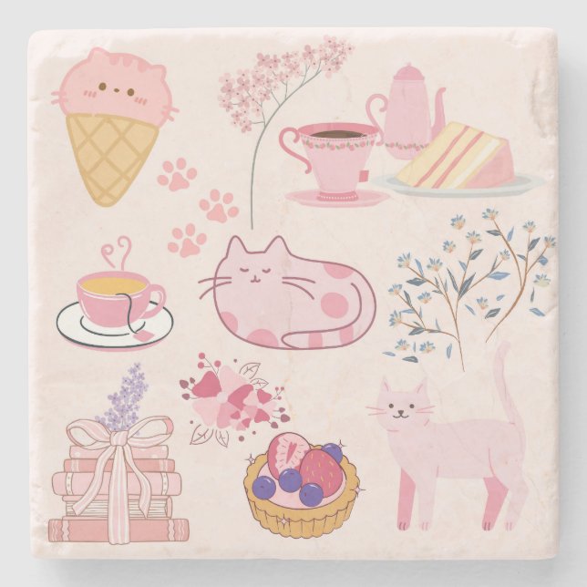 Pink Cats Cosiness Stone Coaster (Front)