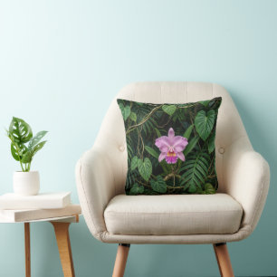 Pink Cattleya Orchid in Tropical Jungle Leaves Pat Cushion
