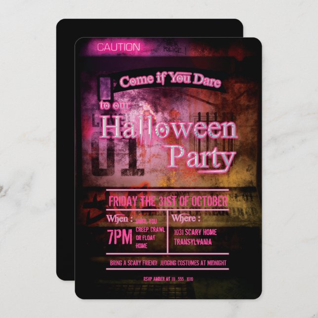 Pink Caution Level 01 Halloween Party Invitation (Front/Back)