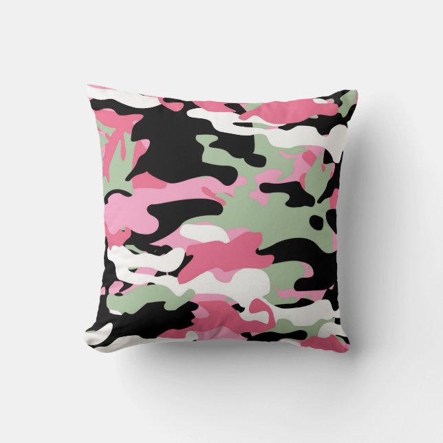 Pink & Celadon Green Camo Throw Pillow (Front)