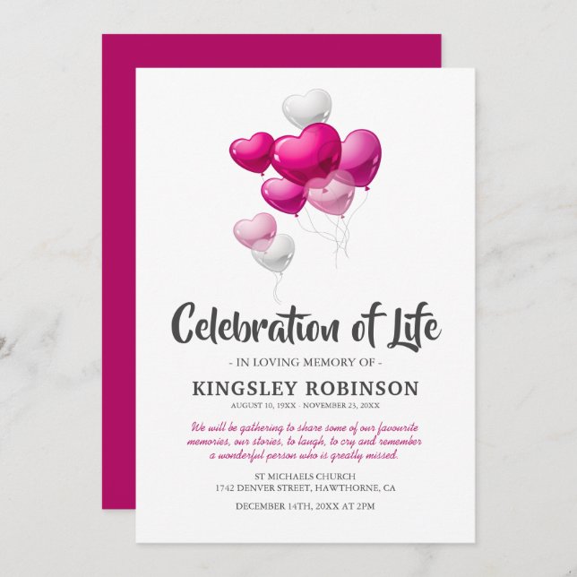 Pink Celebration of Life Funeral Invitation (Front/Back)