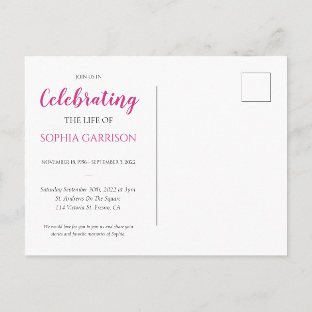 Pink Celebration of Life Photo Funeral Invite Postcard (Back)