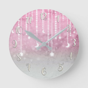 Pink Celestial Glow Stars & Moon Personalised Round Clock