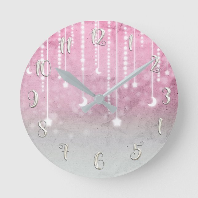 Pink Celestial Glow Stars & Moon Personalised Round Clock (Front)