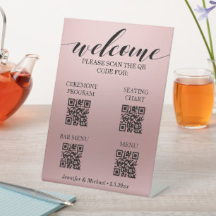 pink ceremony&seating chart&bar menu qr code pedestal sign