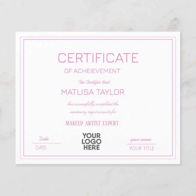 Pink Certificate Of Achievement Completion Award   (Front)