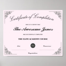 Pink Certificate of Completion Custom Logo Poster