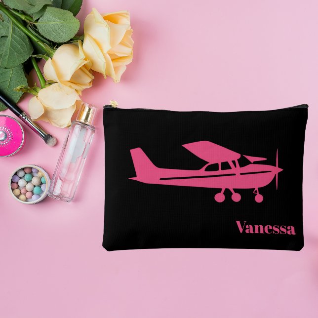 Pink Cessna Aeroplane Girly Aviation Custom Name Accessory Pouch (Creator Uploaded)