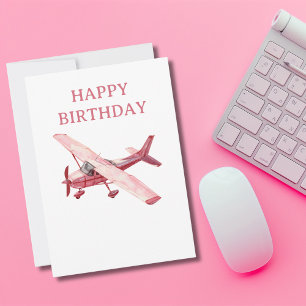 Pink Cessna Aeroplane Watercolor Fun Birthday Holiday Card