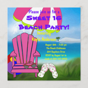 Pink Chair Flip Flops Sweet 16 Beach Party Invitation