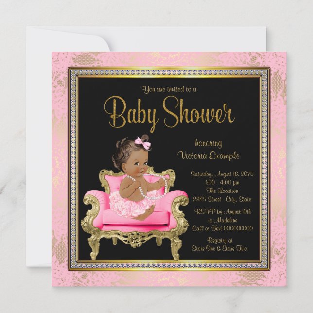 Pink Chair Lace Pearls Ethnic Girl Baby Shower Invitation (Front)