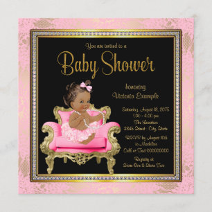 Pink Chair Lace Pearls Ethnic Girl Baby Shower Invitation