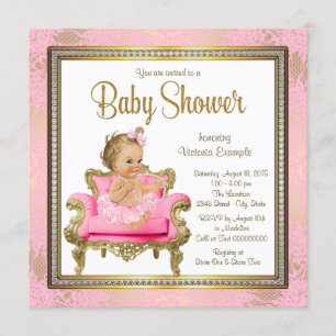 Pink Chair Lace Pearls Pink Gold Baby Shower Invitation