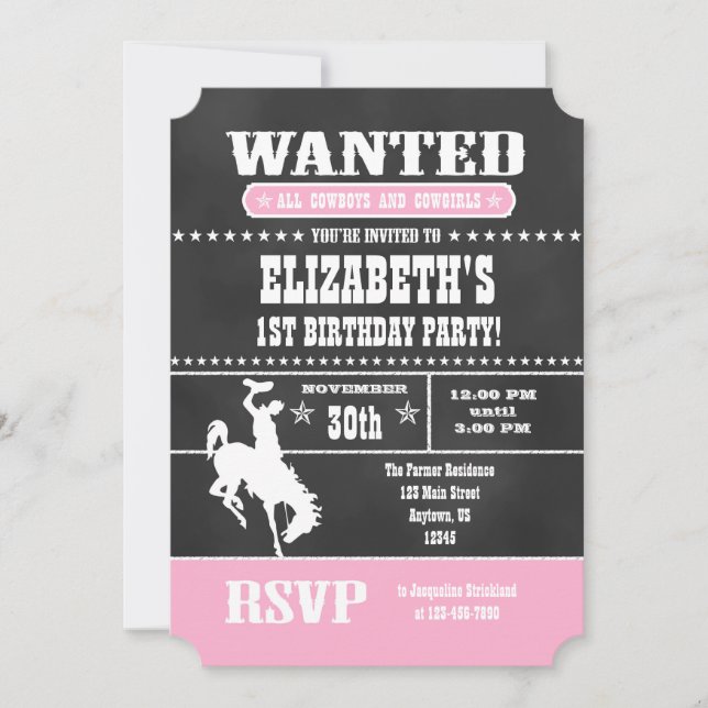 Pink Chalkboard Cowboy Birthday Invitation (Front)