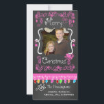 Pink Chalkboard Merry Christmas Holiday Photo Card<br><div class="desc">Merry Christmas holiday photo cards with a chalkboard look background,  lots of pink swirls and text that reads Merry Christmas,  a string of colourful tree lights in various colours,  pink hanging ornaments,  and areas you can customise these beautiful and bright holiday photo cards with your photo and names!</div>