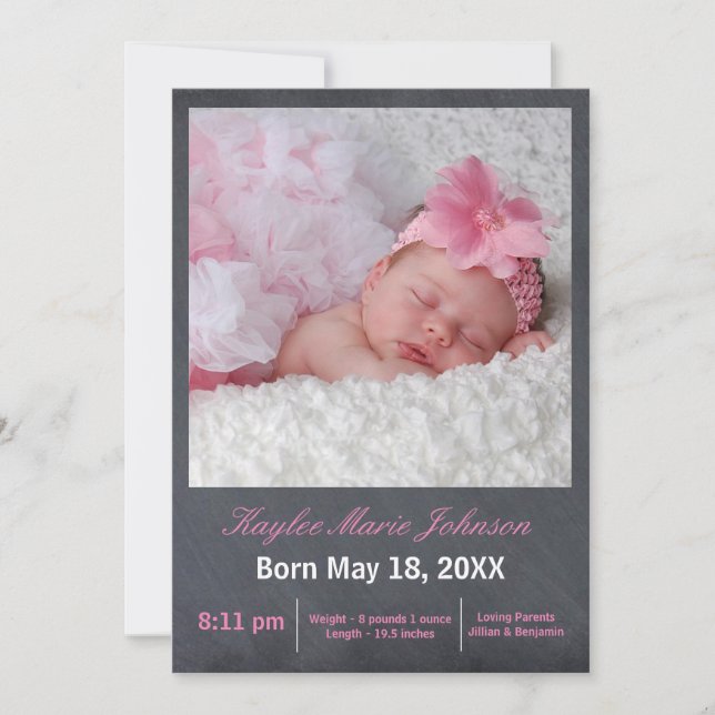 Pink Chalkboard Photo - Birth Announcement (Front)