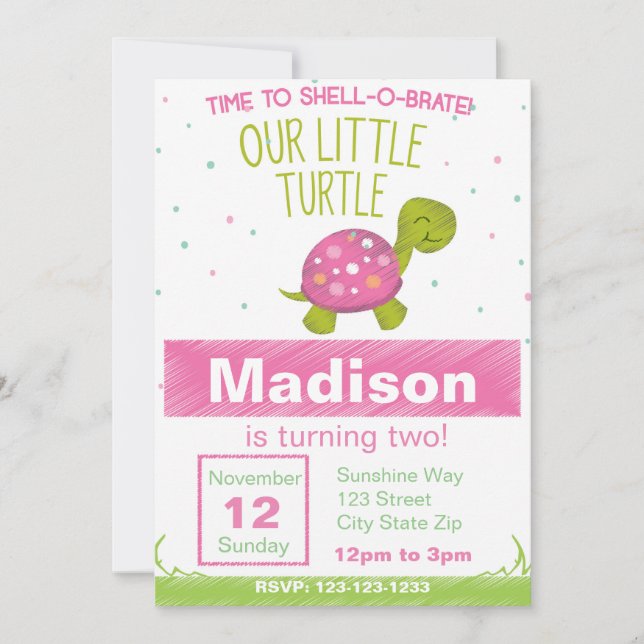 Pink Chalkboard Turtle Birthday Invitation (Front)