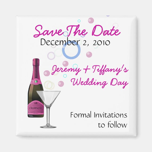 Pink Champagne and Bubbles Save the Date Magnet (Front)