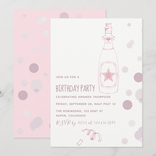 Pink Champagne and Confetti Adult Birthday Invite (Front/Back)