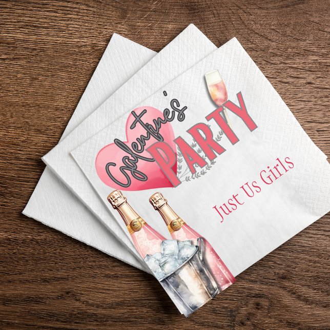 Pink Champagne and Ice Bucket Galentine Party  Napkin (Galentine party napkins with pink proseco and cute ice bucket that match your invites.)
