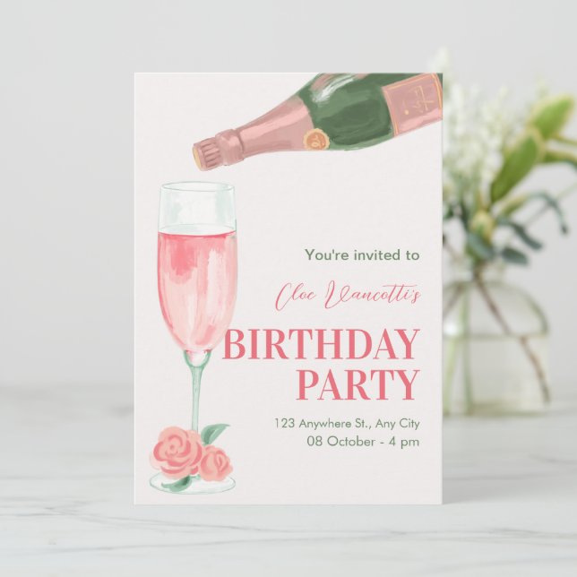 Pink champagne bottle birthday party invitation (Standing Front)