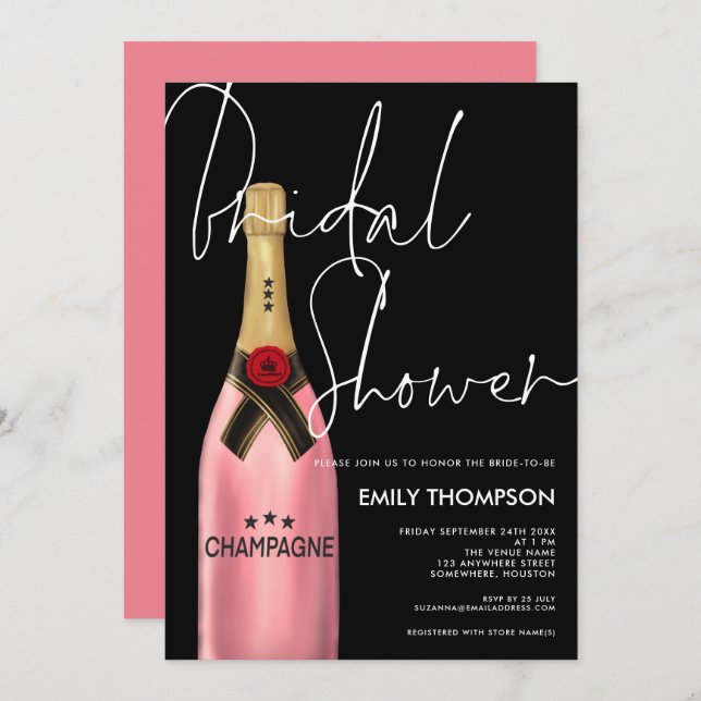 Pink Champagne Bottle Script Black Bridal Shower Invitation (Front/Back)