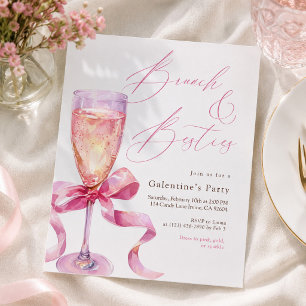Pink Champagne Bow Brunch & Besties Galentine’s  Invitation