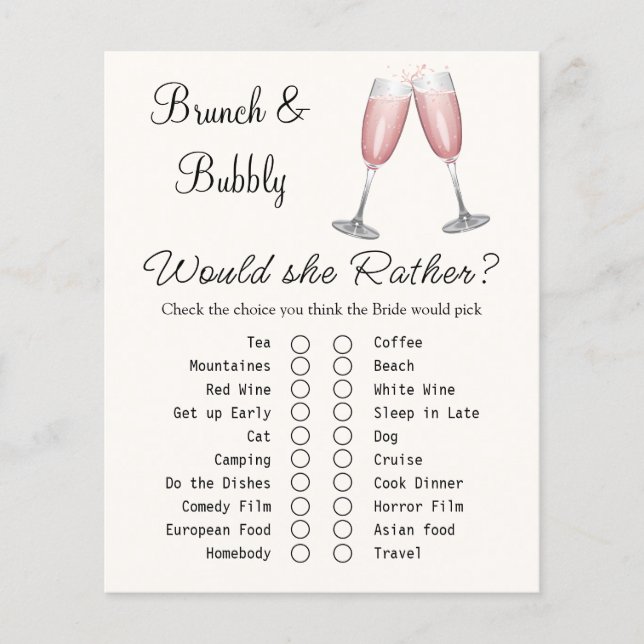 Pink Champagne Bridal Shower Game Card (Front)