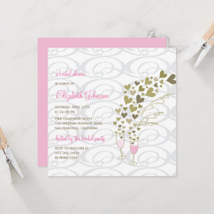 Pink Champagne Cheers Golden Hearts Bridal Shower Invitation