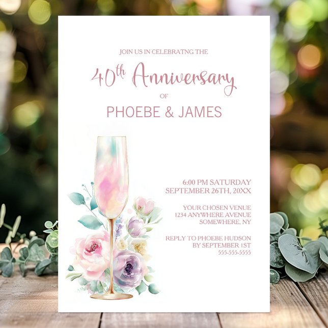 Pink Champagne Floral 40th Wedding Anniversary Invitation (Creator Uploaded)