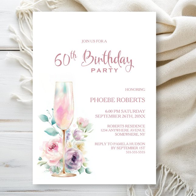 Pink Champagne Floral 60th Birthday Party Invitation (Creator Uploaded)