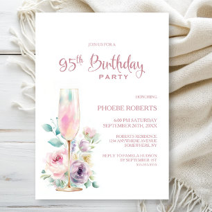 Pink Champagne Floral 95th Birthday Party Invitation